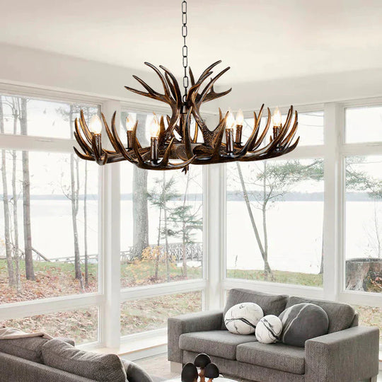 Traditional Candle Hanging Lamp 4/6/9 Bulbs Resin Chandelier Light Fixture With Deer Antler In Brown