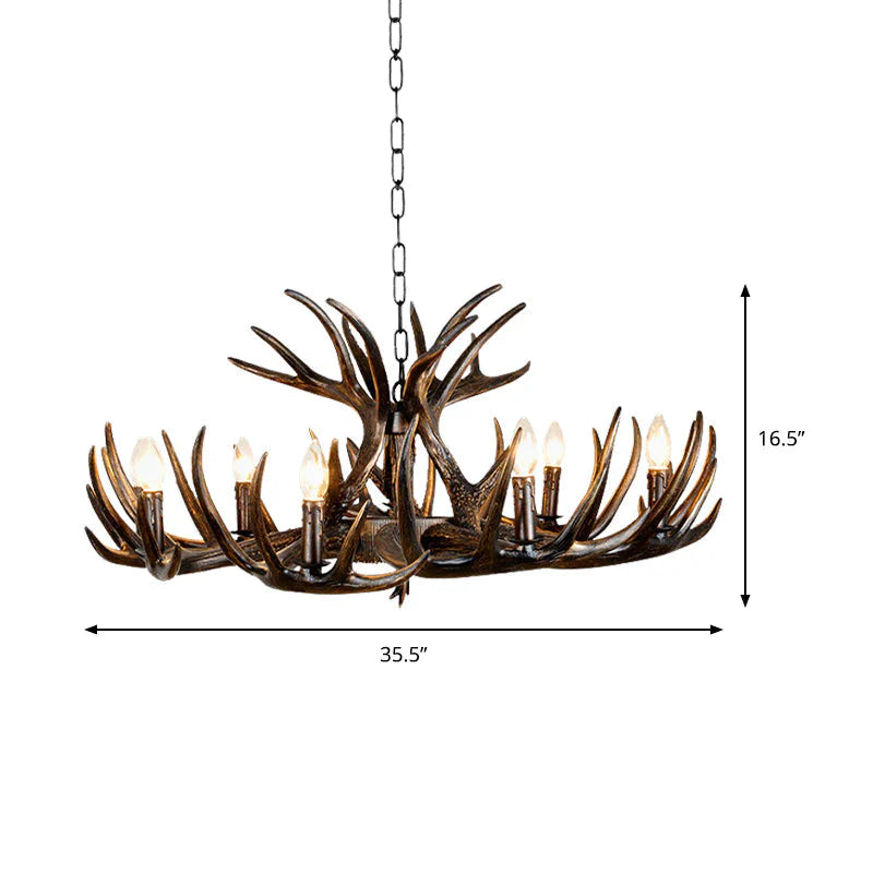 Traditional Candle Hanging Lamp 4/6/9 Bulbs Resin Chandelier Light Fixture With Deer Antler In Brown