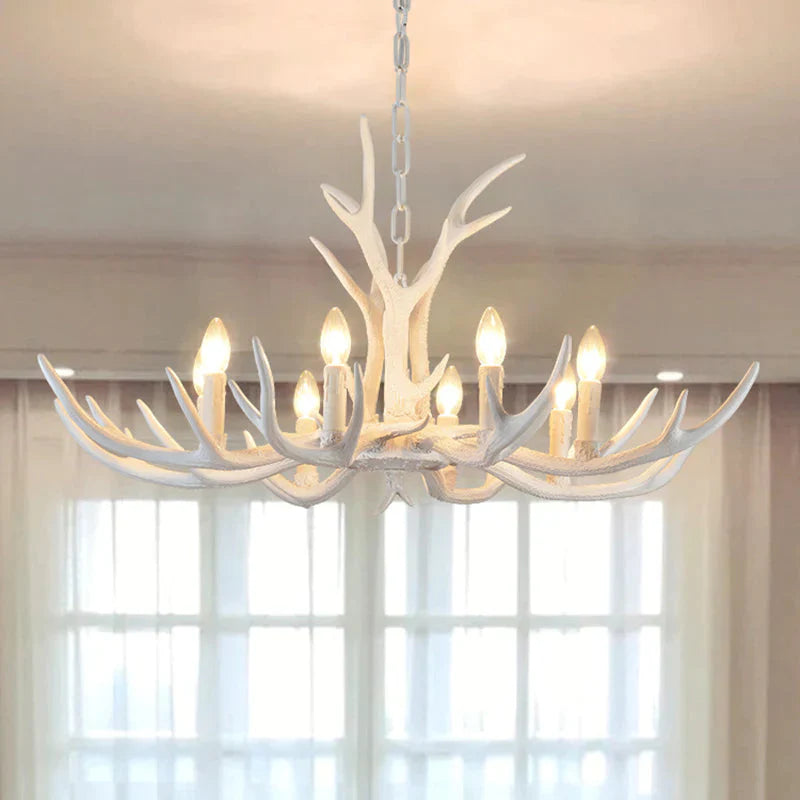 Rustic Candle Hanging Pendant 4/6/8 - Light Resin Ceiling Chandelier In White For Bedroom 8 /