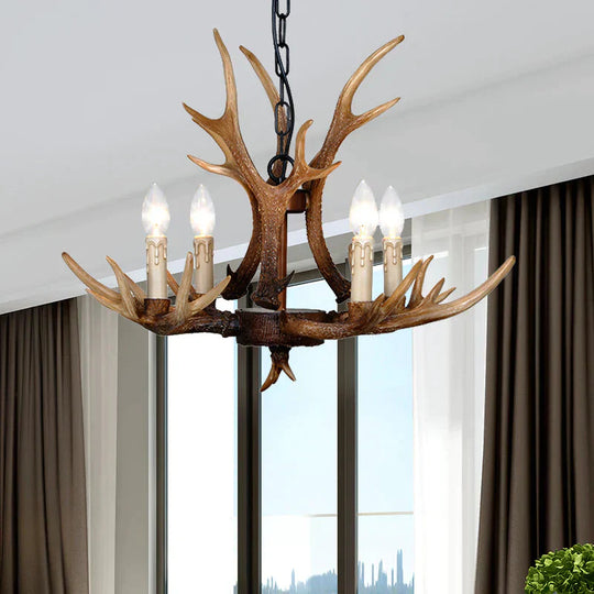 Brown 4/6/8 Heads Chandelier Lighting Rustic Resin Candle Suspension Lamp With Antler For Dining