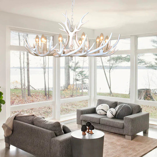Resin Candelabra Chandelier Lamp Farmhouse 4/6/8 - Head Living Room Pendant Ceiling Light In White