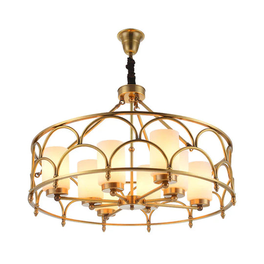 Cylinder Chandelier Modern Metal 4/8 Bulbs Hanging Ceiling Light In Brass With Frosted Glass Shade