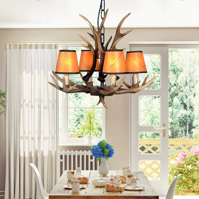 4/6/8 Lights Resin Chandelier Lamp Loft Brown Cone Dining Room Down Lighting Pendant With Fabric