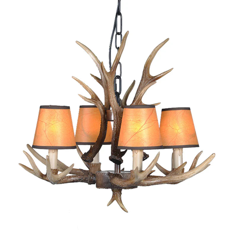 4/6/8 Lights Resin Chandelier Lamp Loft Brown Cone Dining Room Down Lighting Pendant With Fabric