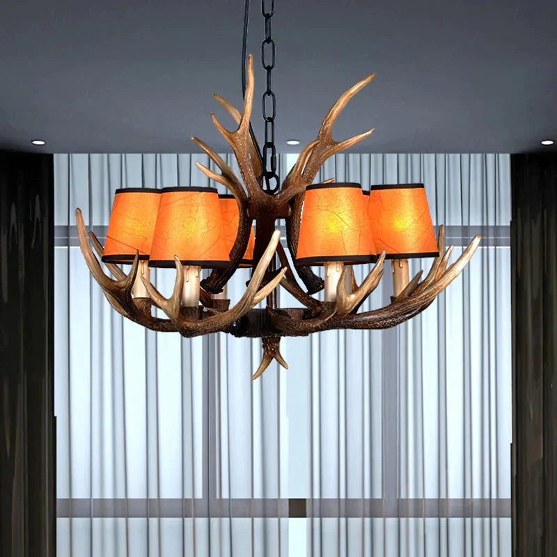 4/6/8 Lights Resin Chandelier Lamp Loft Brown Cone Dining Room Down Lighting Pendant With Fabric