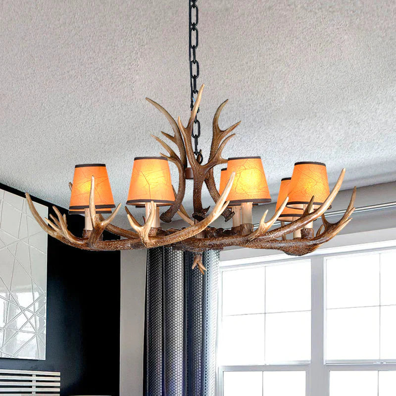 4/6/8 Lights Resin Chandelier Lamp Loft Brown Cone Dining Room Down Lighting Pendant With Fabric