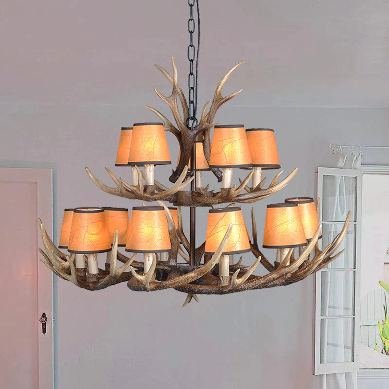 4/6/8 Lights Resin Chandelier Lamp Loft Brown Cone Dining Room Down Lighting Pendant With Fabric