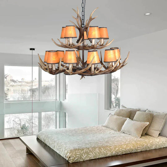 4/6/8 Lights Resin Chandelier Lamp Loft Brown Cone Dining Room Down Lighting Pendant With Fabric