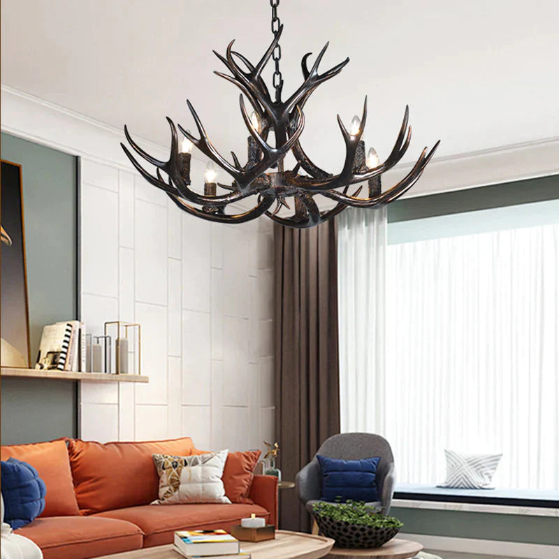 3/5/6 Heads Resin Chandelier Vintage Style Black Candelabra Living Room Pendant Light With