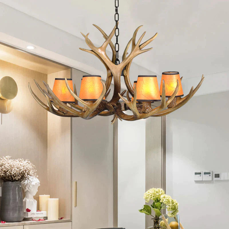 Cone Resin Pendant Lighting Traditional 3/5/6 - Bulb Living Room Chandelier Light With Deer Antler