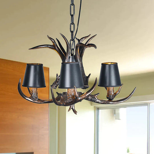 Black 3/6/8 Lights Chandelier Lighting Rustic Resin Conical Pendant Lamp With Faux Antler For