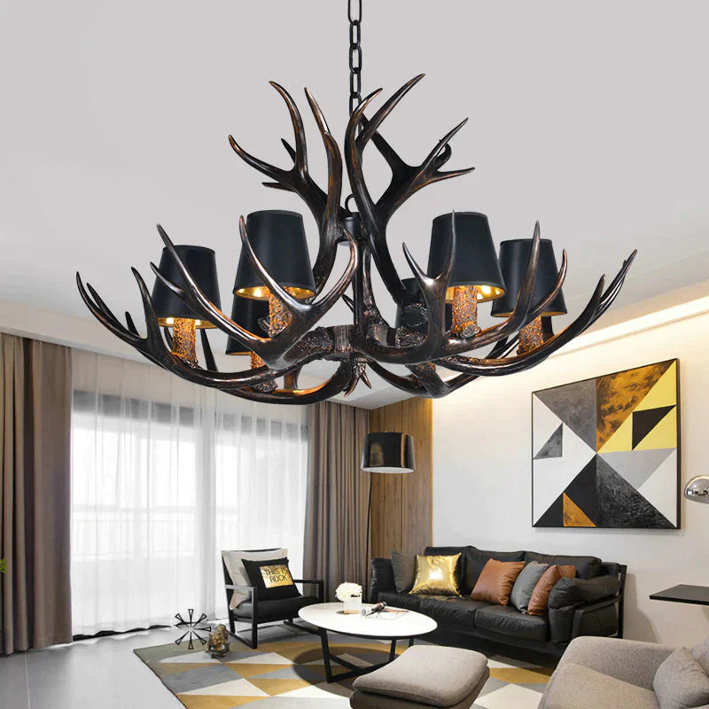 Black 3/6/8 Lights Chandelier Lighting Rustic Resin Conical Pendant Lamp With Faux Antler For