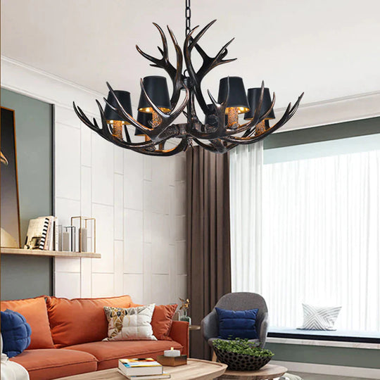 Black 3/6/8 Lights Chandelier Lighting Rustic Resin Conical Pendant Lamp With Faux Antler For