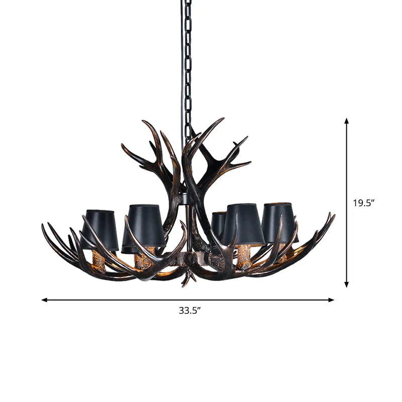 Black 3/6/8 Lights Chandelier Lighting Rustic Resin Conical Pendant Lamp With Faux Antler For