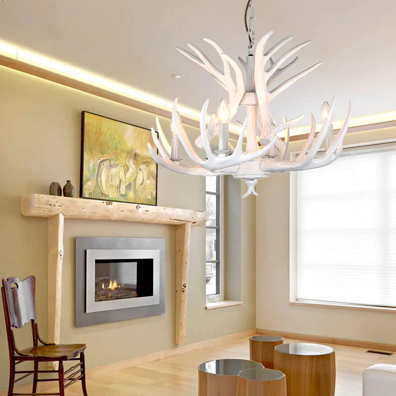 Resin Candle Chandelier Lamp Rustic 4/6/9 - Head Bedroom Pendant Ceiling Light With Antler Decor In