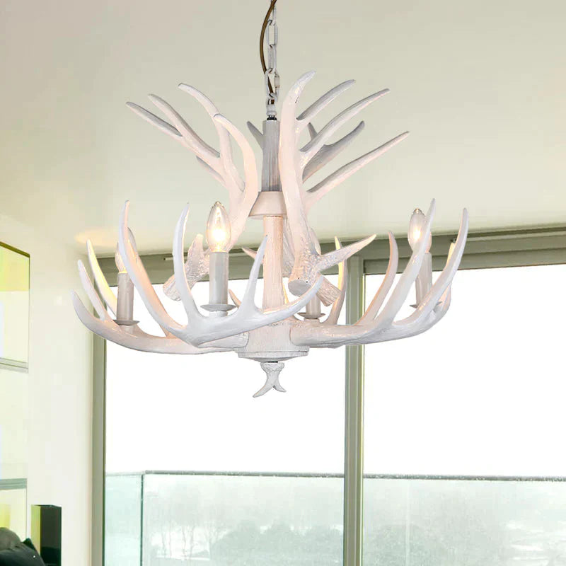 Resin Candle Chandelier Lamp Rustic 4/6/9 - Head Bedroom Pendant Ceiling Light With Antler Decor In