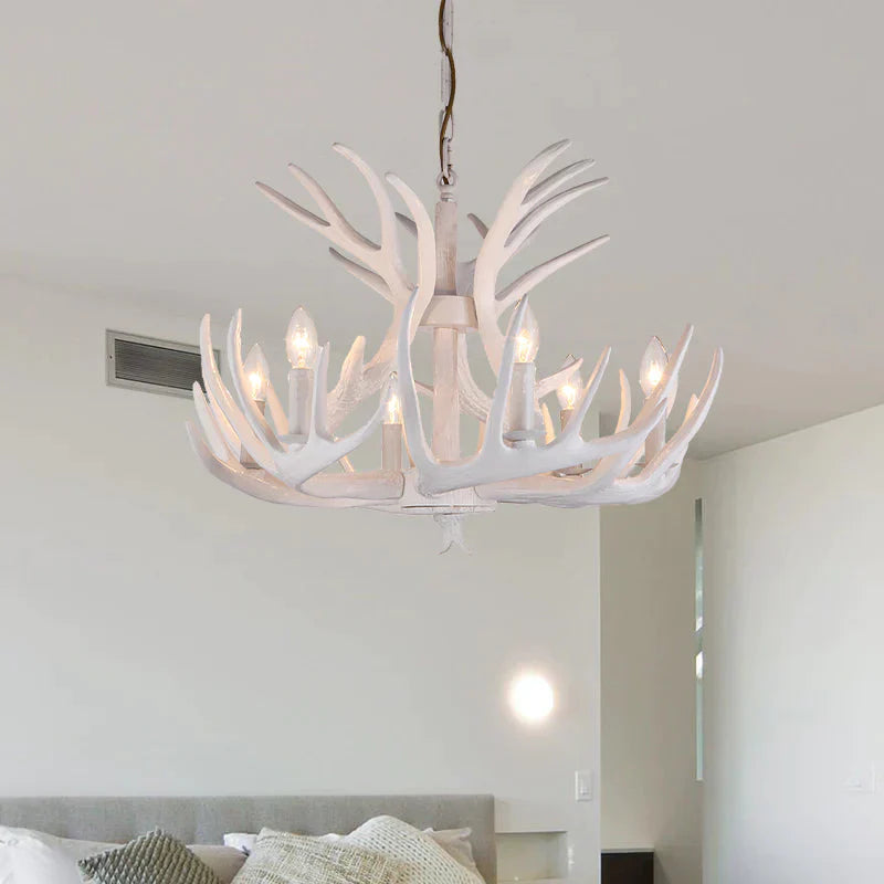 Resin Candle Chandelier Lamp Rustic 4/6/9 - Head Bedroom Pendant Ceiling Light With Antler Decor In