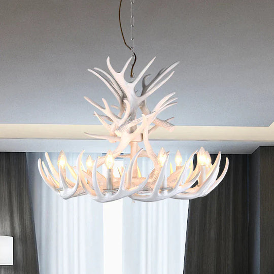 Resin Candle Chandelier Lamp Rustic 4/6/9 - Head Bedroom Pendant Ceiling Light With Antler Decor In