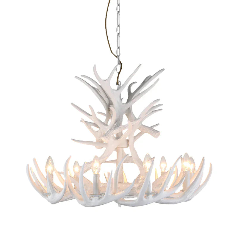 Resin Candle Chandelier Lamp Rustic 4/6/9 - Head Bedroom Pendant Ceiling Light With Antler Decor In