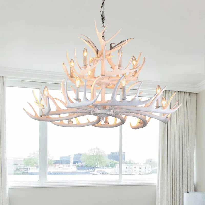 Resin Candle Chandelier Lamp Rustic 4/6/9 - Head Bedroom Pendant Ceiling Light With Antler Decor In