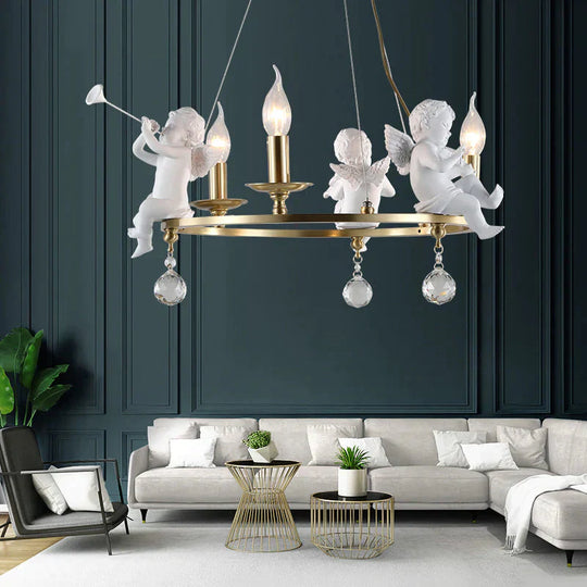 Traditional Candle Hanging Chandelier Metal 3/6/8 Bulbs Suspension Light In Brass With Angel