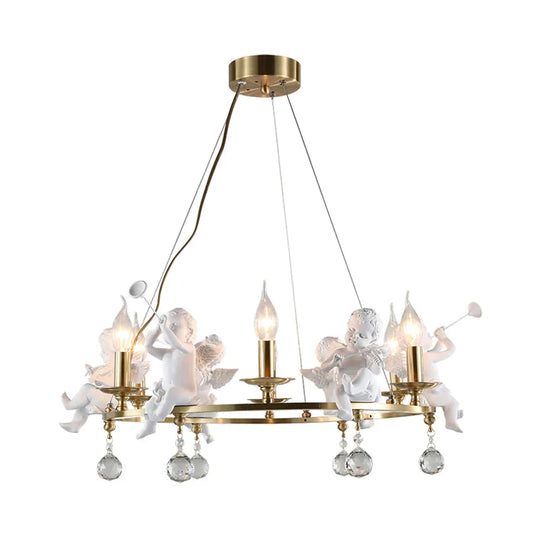 Traditional Candle Hanging Chandelier Metal 3/6/8 Bulbs Suspension Light In Brass With Angel