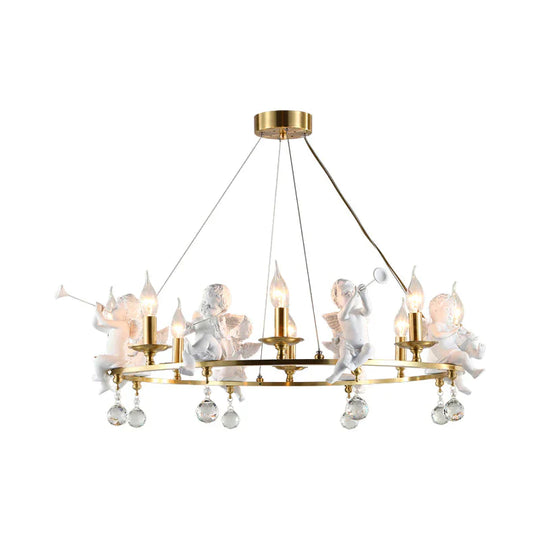 Traditional Candle Hanging Chandelier Metal 3/6/8 Bulbs Suspension Light In Brass With Angel