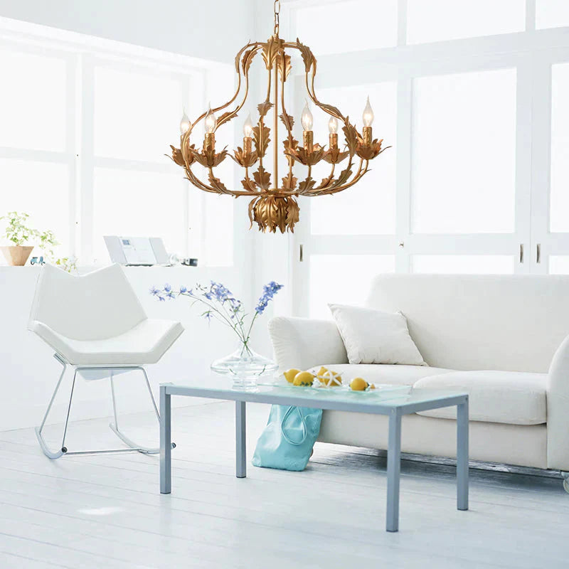 Gold Gourd Chandelier Lighting Traditional Metal 6 Bulbs Pendant Light Fixture For Living Room