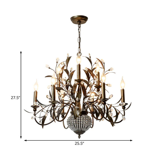 Black Spur Chandelier Lamp Modernism Crystal 9 Heads Pendant Lighting Fixture With Metal Leaf