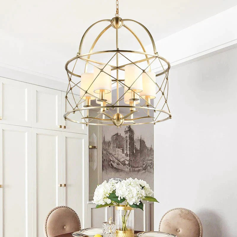 Brass Cylindrical Chandelier Lamp Nordic Metal 6 Heads Pendant Lighting Fixture With Fabric Shade