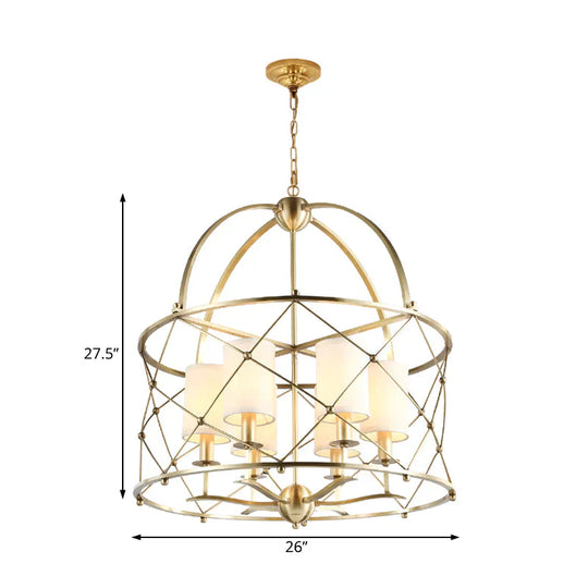 Brass Cylindrical Chandelier Lamp Nordic Metal 6 Heads Pendant Lighting Fixture With Fabric Shade