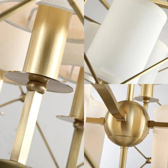 Brass Cylindrical Chandelier Lamp Nordic Metal 6 Heads Pendant Lighting Fixture With Fabric Shade