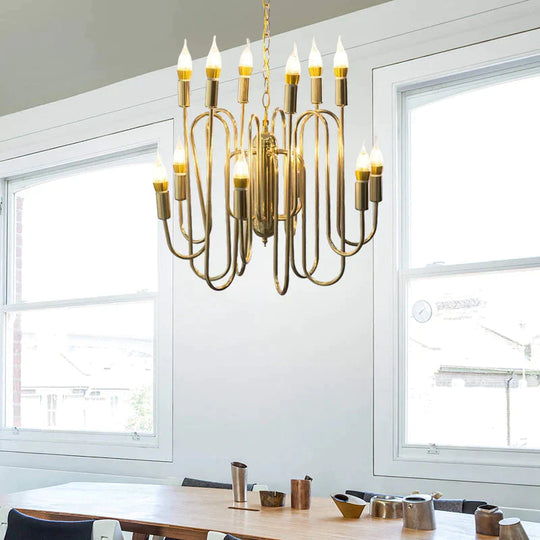 Metal Branch Chandelier Minimalism 12 Heads Gold Pendant Lighting Fixture For Dining Room