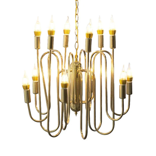 Metal Branch Chandelier Minimalism 12 Heads Gold Pendant Lighting Fixture For Dining Room