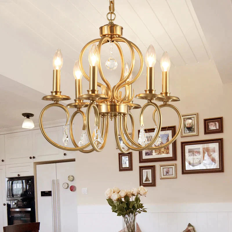 Gold Candle Chandelier Lighting Nordic Metal 6/8 Bulbs Hanging Ceiling Light With Curved Arm