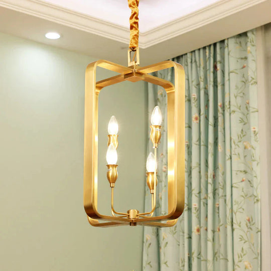 Colonial Round/Square Hanging Chandelier Metal 4 Bulbs Suspension Light In Gold For Dining Room