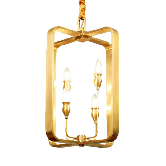 Colonial Round/Square Hanging Chandelier Metal 4 Bulbs Suspension Light In Gold For Dining Room