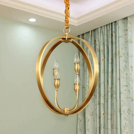 Colonial Round/Square Hanging Chandelier Metal 4 Bulbs Suspension Light In Gold For Dining Room