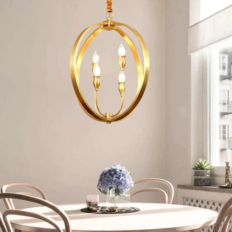 Colonial Round/Square Hanging Chandelier Metal 4 Bulbs Suspension Light In Gold For Dining Room