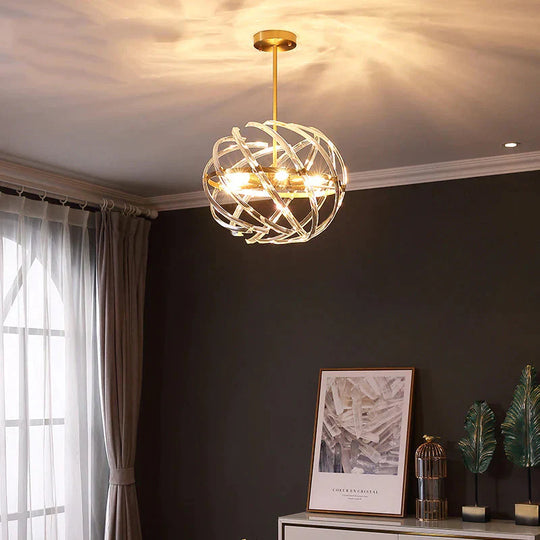 Contemporary Sphere Hanging Chandelier Metal 6 Bulbs Suspension Light In Gold With Crystal Tube