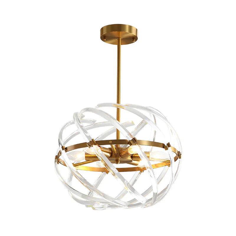 Contemporary Sphere Hanging Chandelier Metal 6 Bulbs Suspension Light In Gold With Crystal Tube
