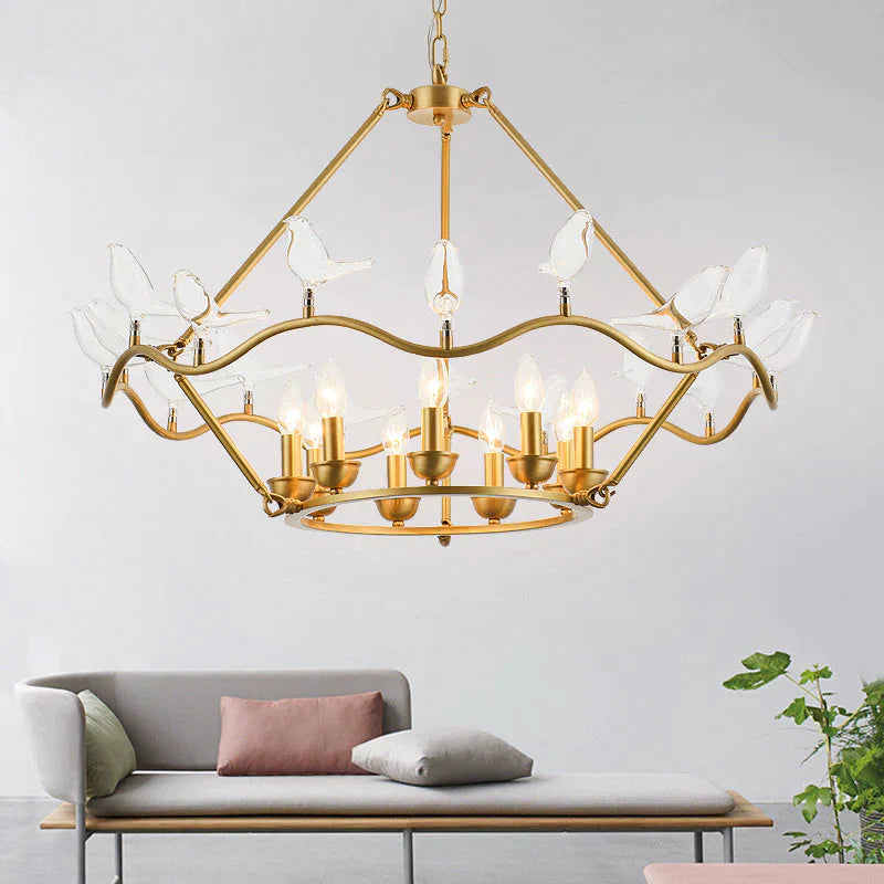 Metal Flower Basket Chandelier Lamp Modern 9 Bulbs Gold Pendant Lighting Fixture With Clear Glass