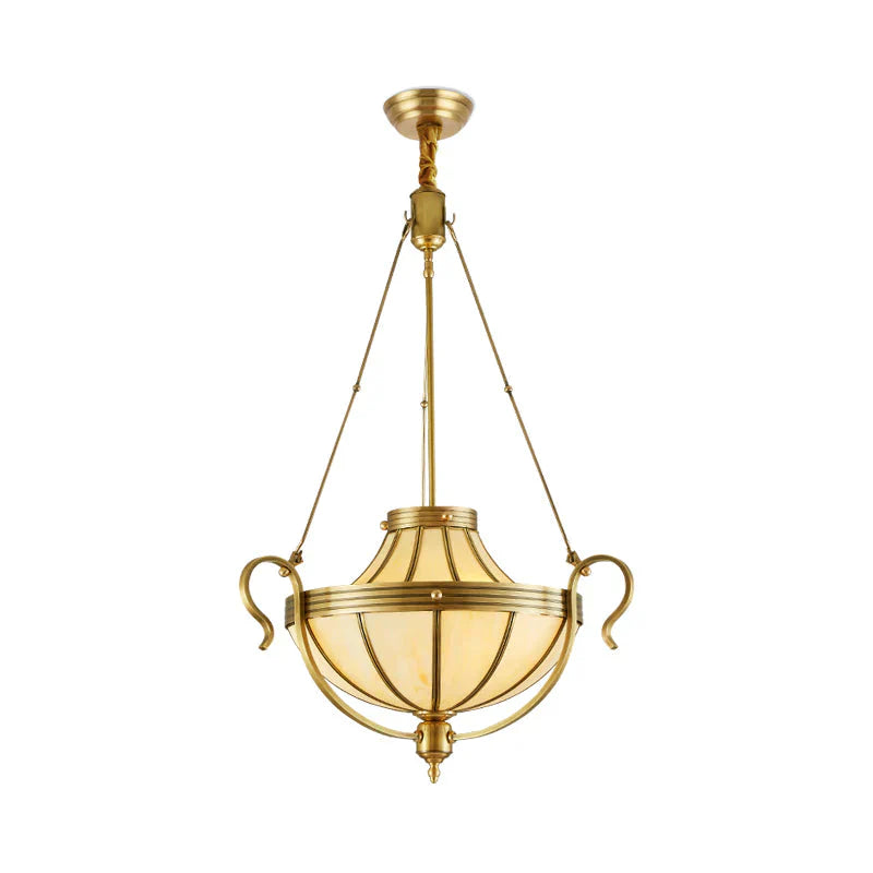 3 Bulbs Jar Ceiling Chandelier Rustic Opal Frosted Glass Suspended Lighting Fixture In Brass