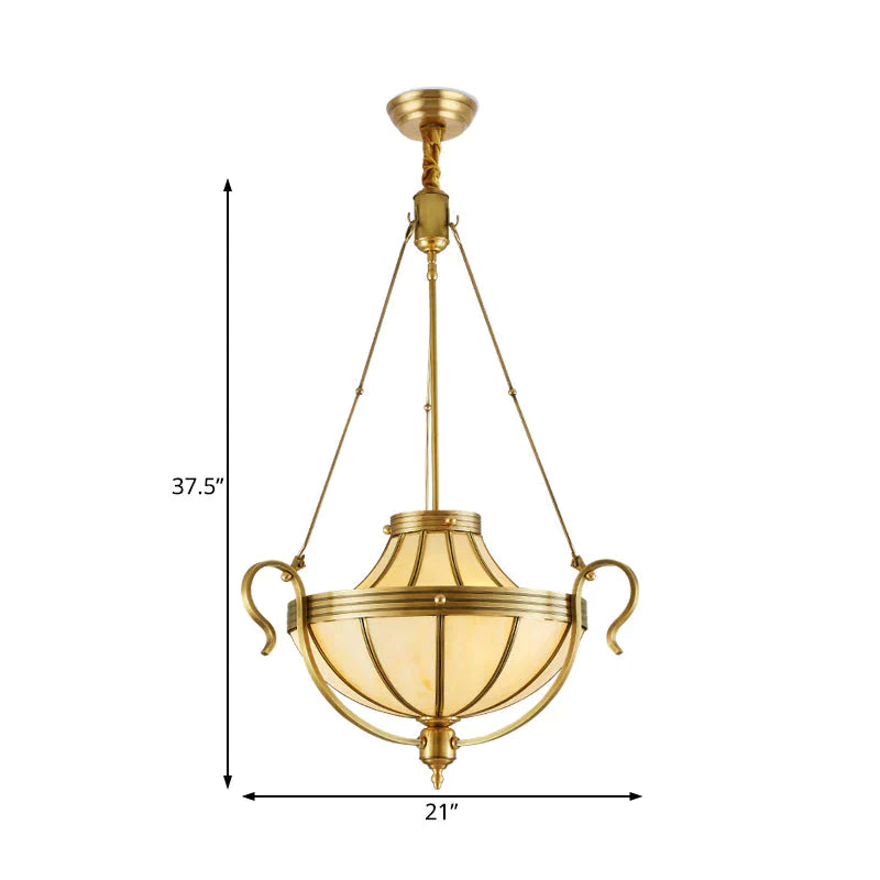 3 Bulbs Jar Ceiling Chandelier Rustic Opal Frosted Glass Suspended Lighting Fixture In Brass