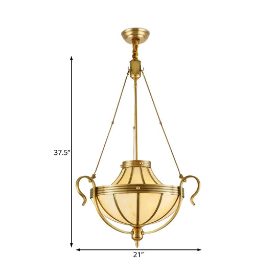 3 Bulbs Jar Ceiling Chandelier Rustic Opal Frosted Glass Suspended Lighting Fixture In Brass