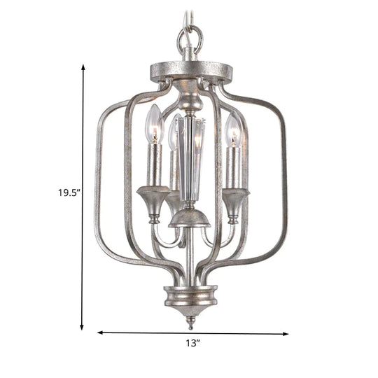 Traditional Candle Hanging Chandelier Metal 3 Bulbs Suspension Light In Aged Silver For Dining Room