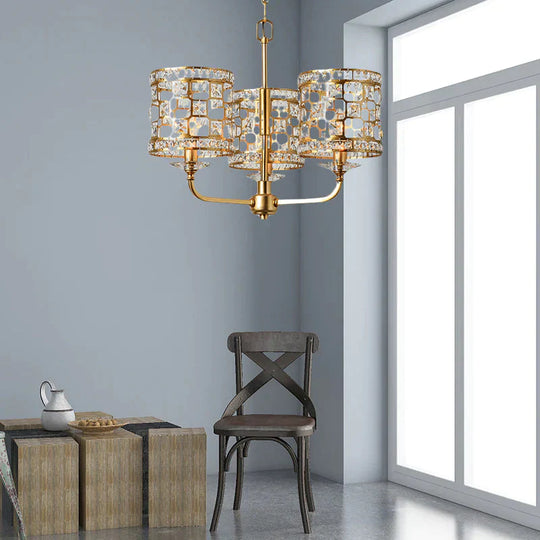 Crystal Cylindrical Chandelier Modern 3 Heads Gold Pendant Lighting Fixture For Living Room