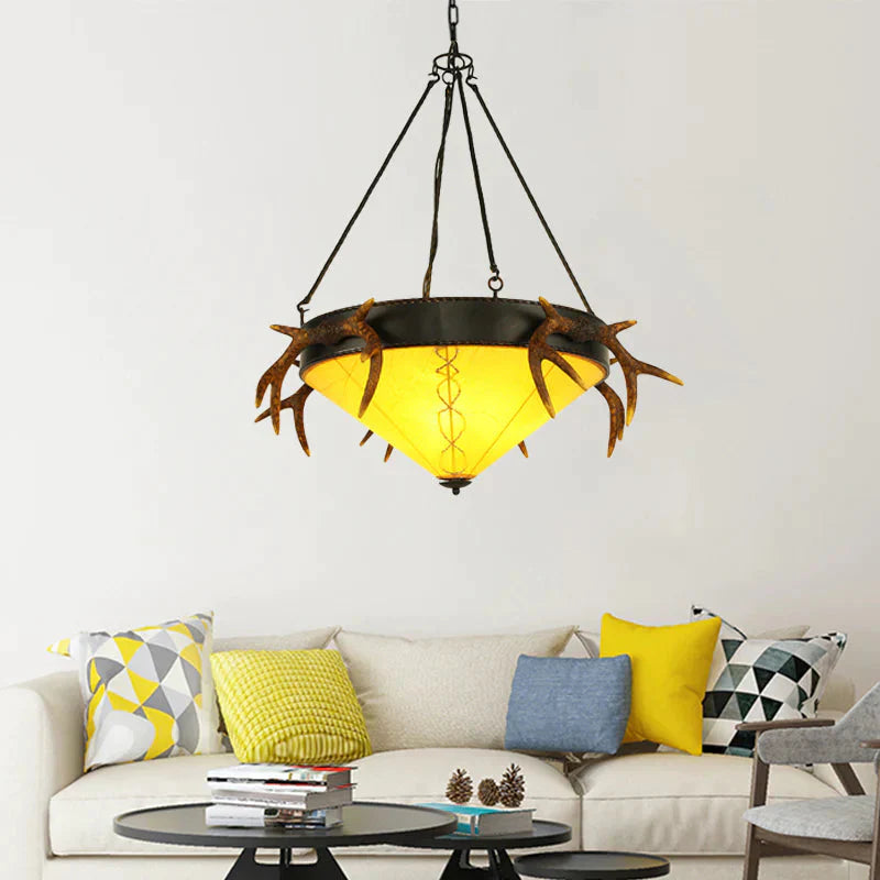 Traditional Cone Shaped Hanging Lamp 3 Bulbs Fabric Chandelier Light Fixture In White/Yellow For