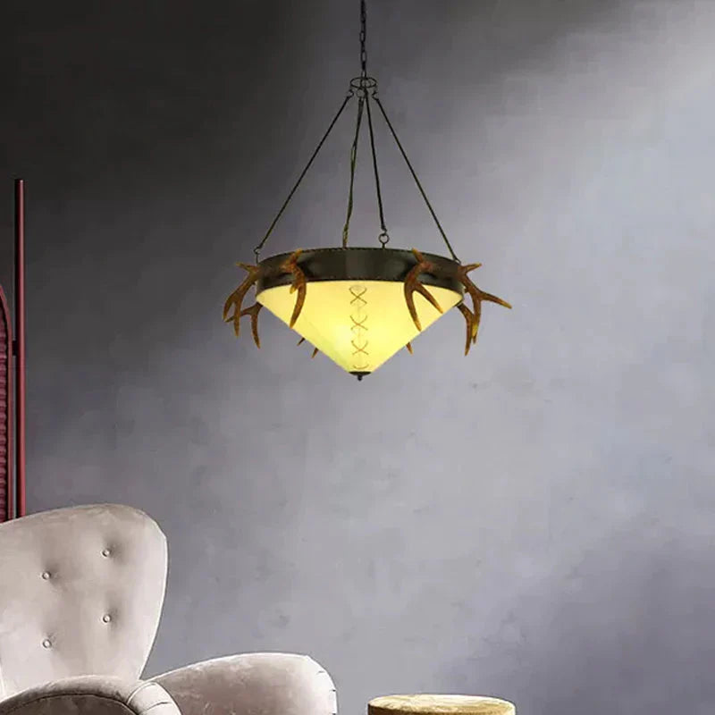 Traditional Cone Shaped Hanging Lamp 3 Bulbs Fabric Chandelier Light Fixture In White/Yellow For