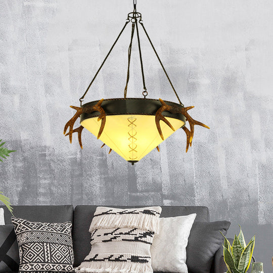 Traditional Cone Shaped Hanging Lamp 3 Bulbs Fabric Chandelier Light Fixture In White/Yellow For